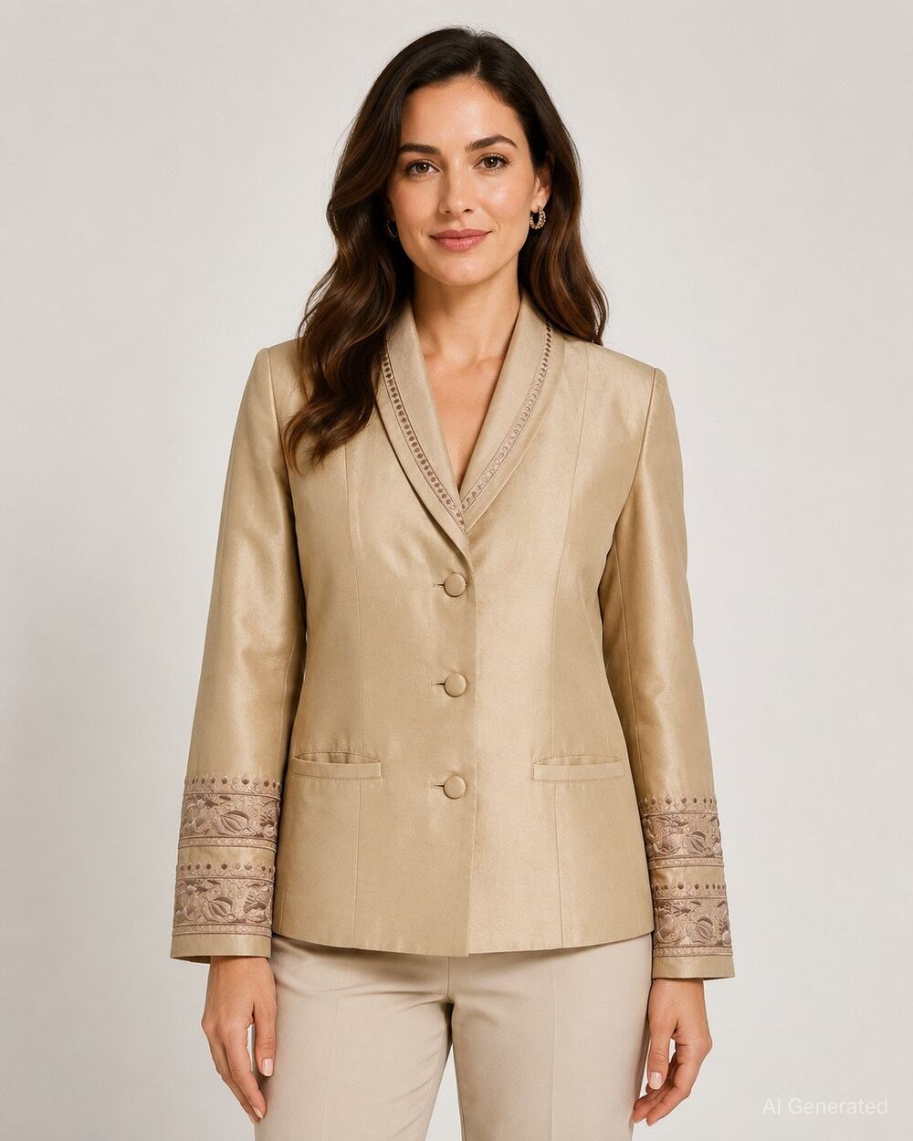 Anya Silk Blazer Size 8 Champagne Embroidered Cuffs Boho Luxe Y2K